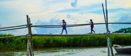 Children crossing bamboo bridge, Bangladesh
